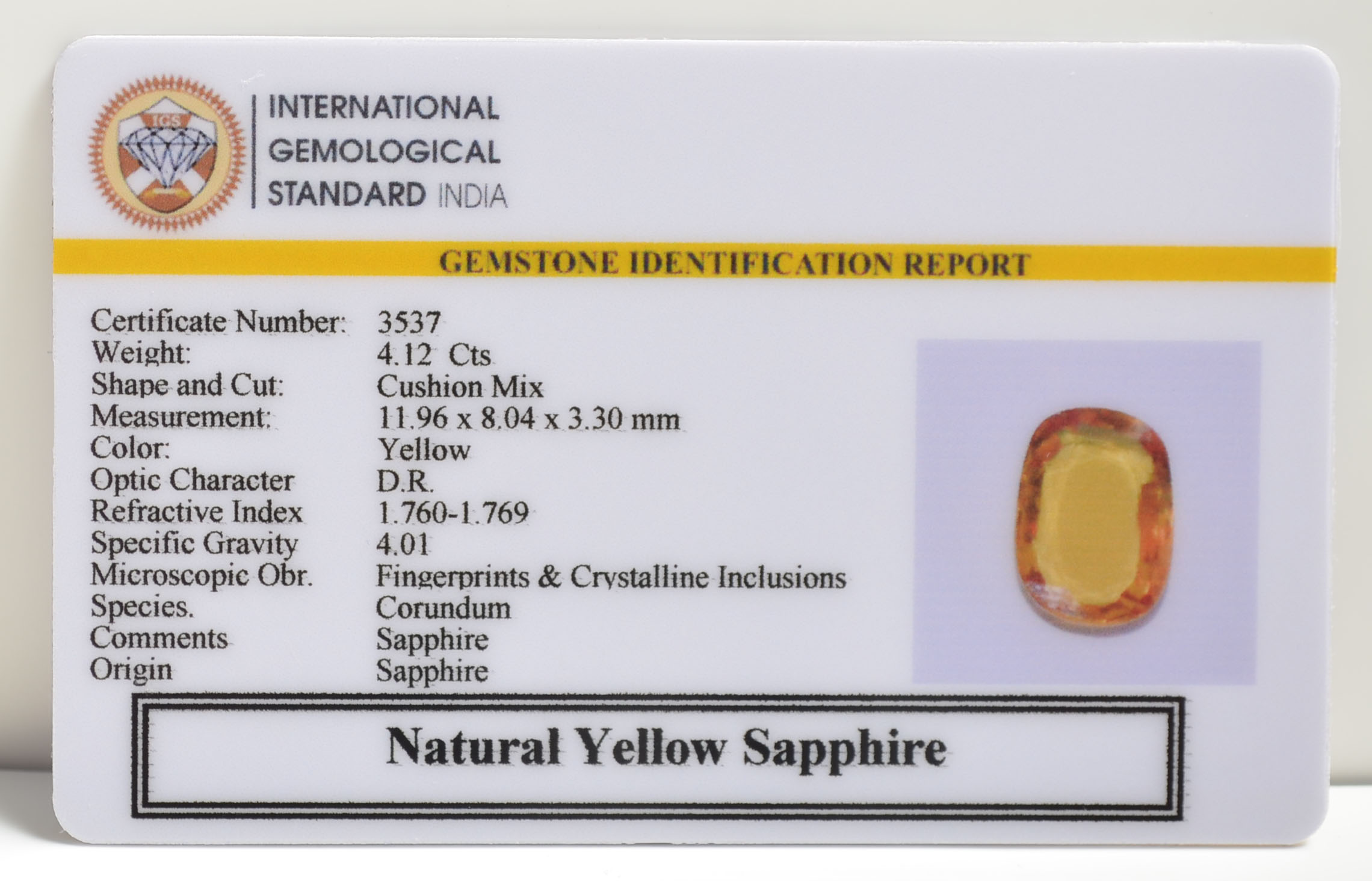 YELLOW SAPPHIRE 4.12 Ct. YELLOW SAPPHIRE 4.12 Ct.