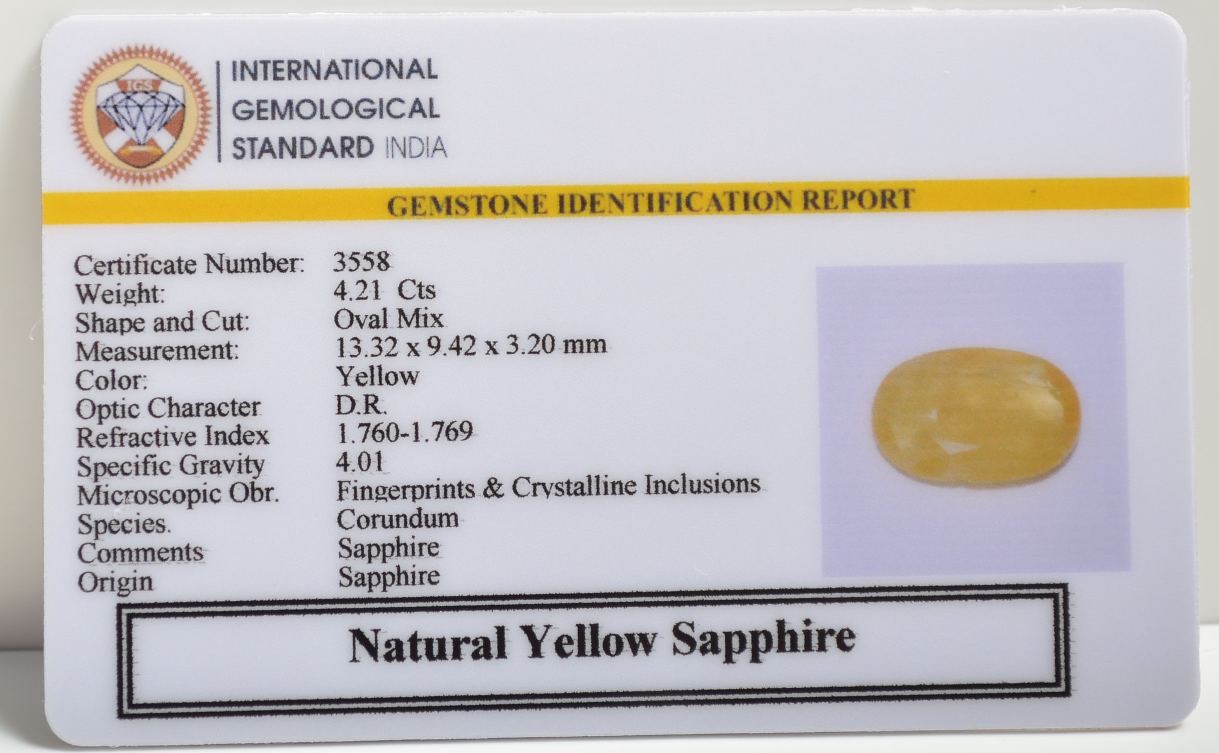 YELLOW SAPPHIRE 4.21 Ct. YELLOW SAPPHIRE 4.21 Ct.