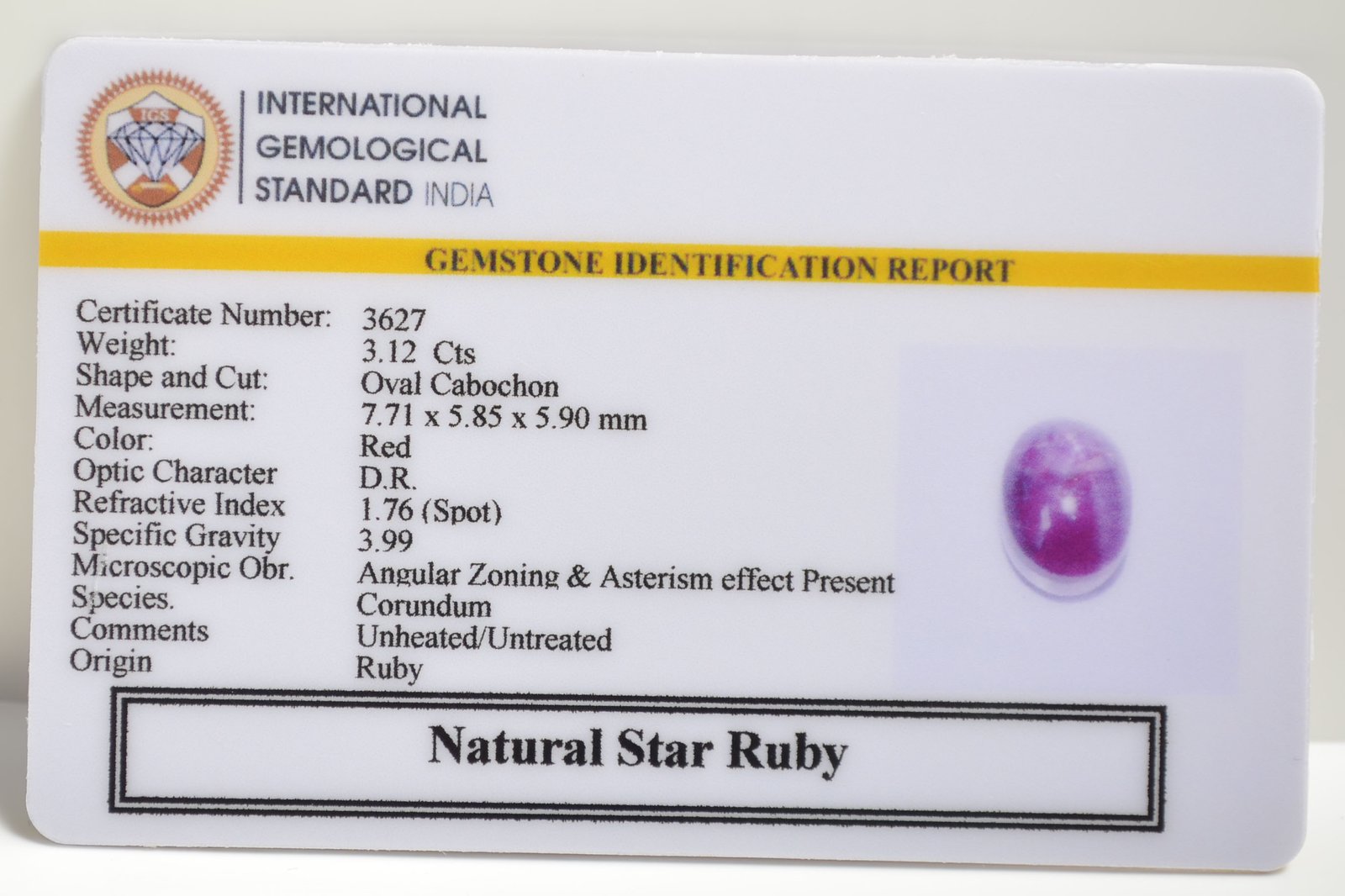 STAR RUBY 3.12 Ct. 3 SRUB272 2 1 STAR RUBY 3.12 Ct.