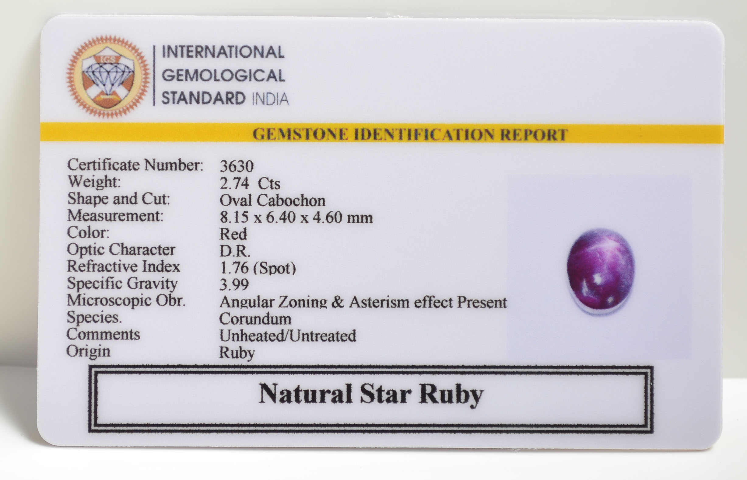 STAR RUBY 2.74 Ct. 3 SRUB275 2 STAR RUBY 2.74 Ct.