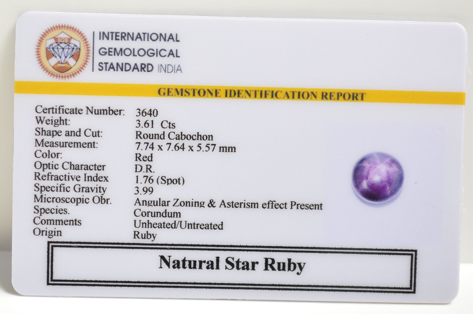 STAR RUBY 3.61 Ct. 3 SRUB283 2 1 STAR RUBY 3.61 Ct.