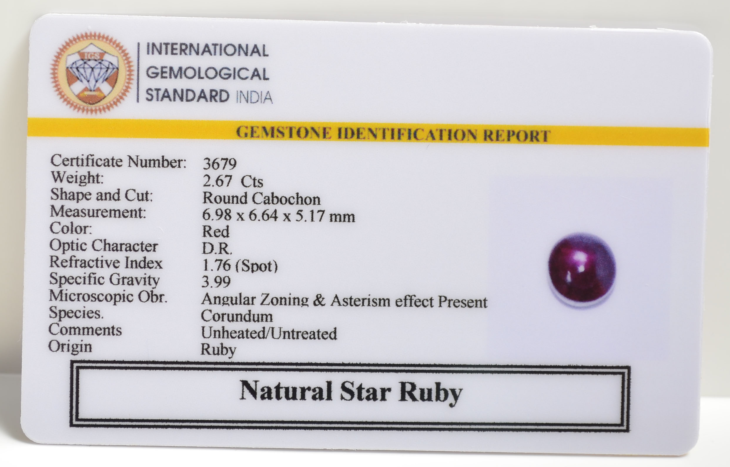 STAR RUBY 2.67 Ct. 3 SRUB312 2 STAR RUBY 2.67 Ct.