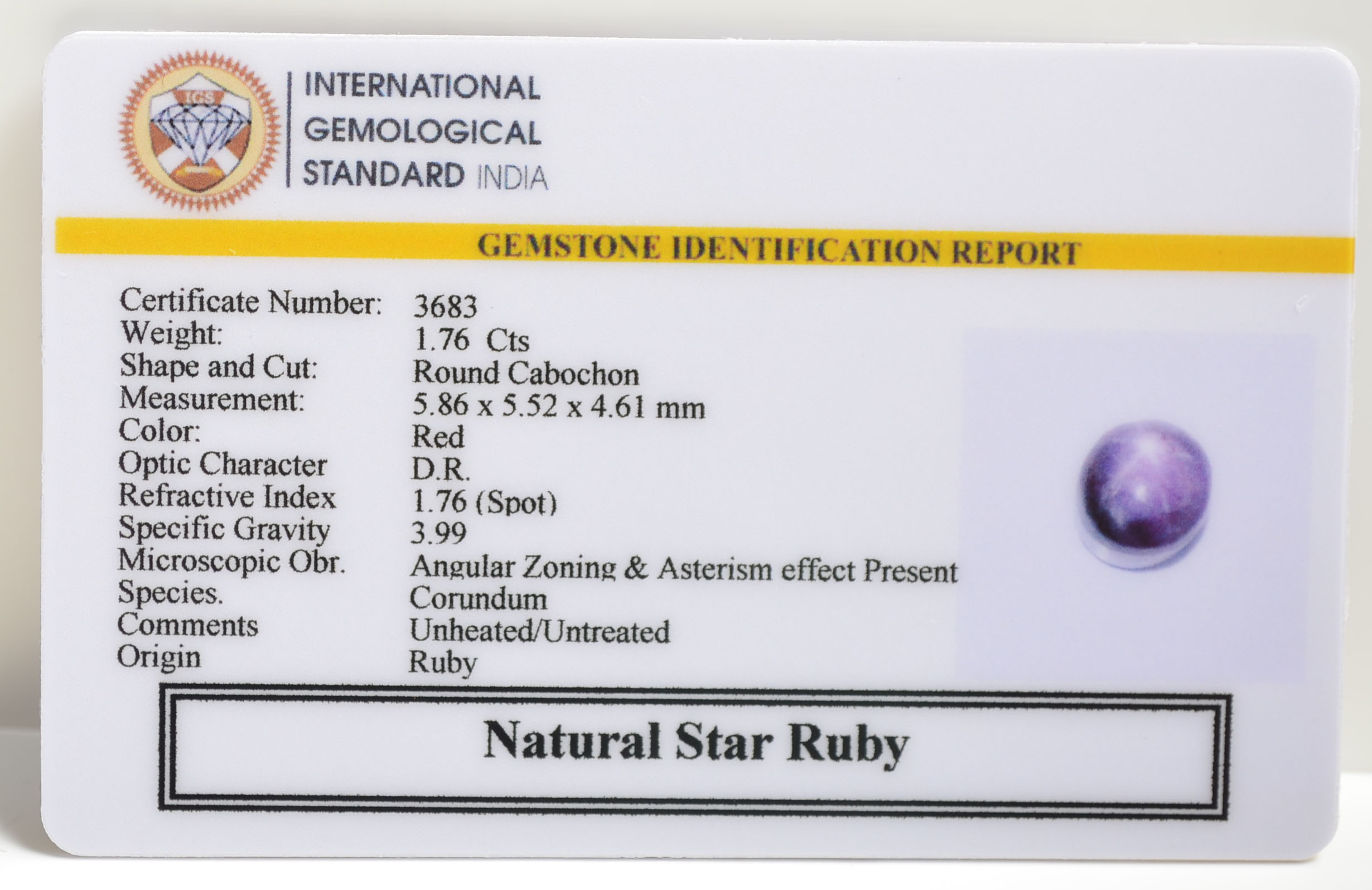 STAR RUBY 1.76 Ct. 3 SRUB316 2 STAR RUBY 1.76 Ct.