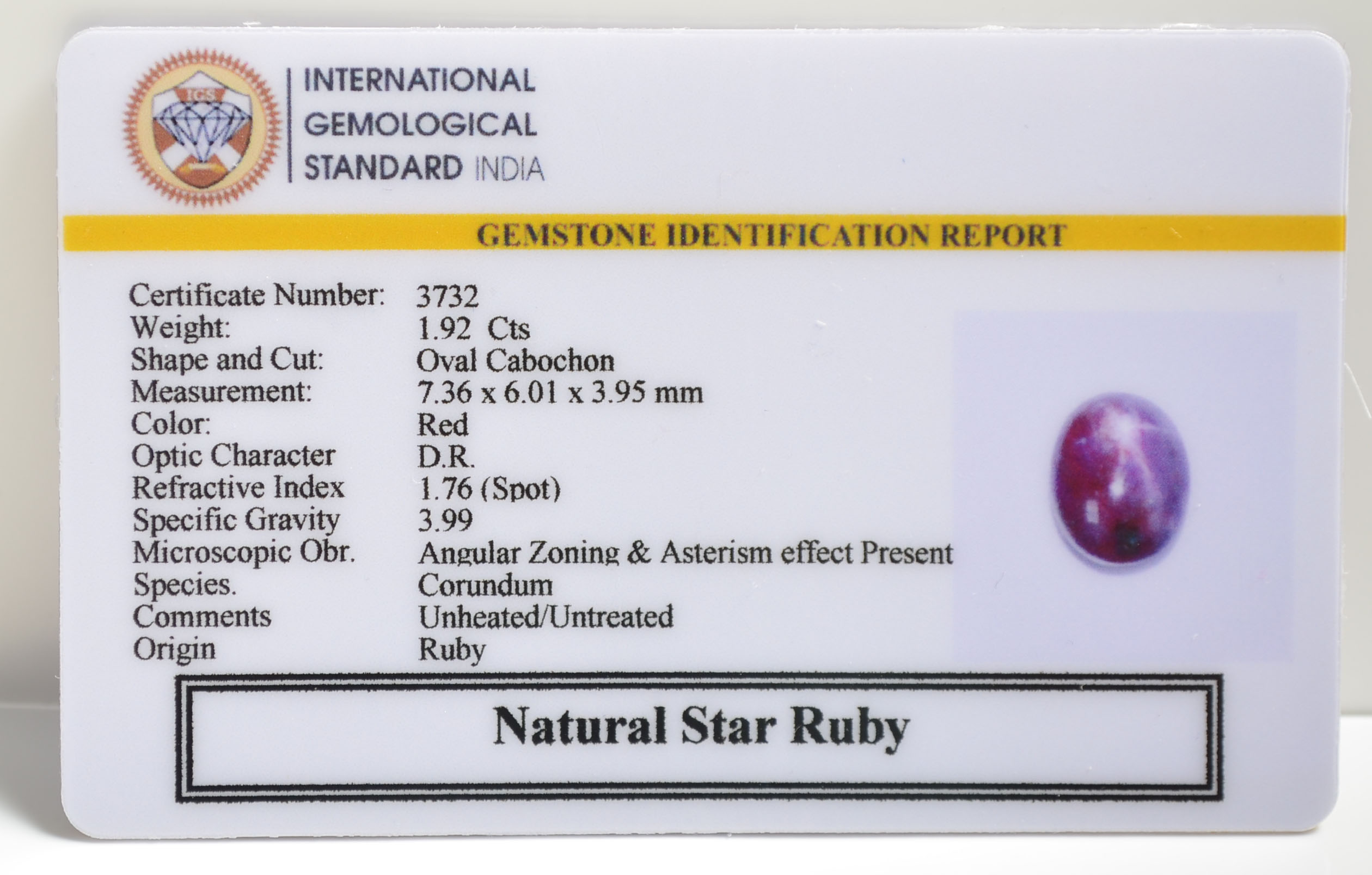 STAR RUBY 1.92 Ct. 3 SRUB355 2 STAR RUBY 1.92 Ct.