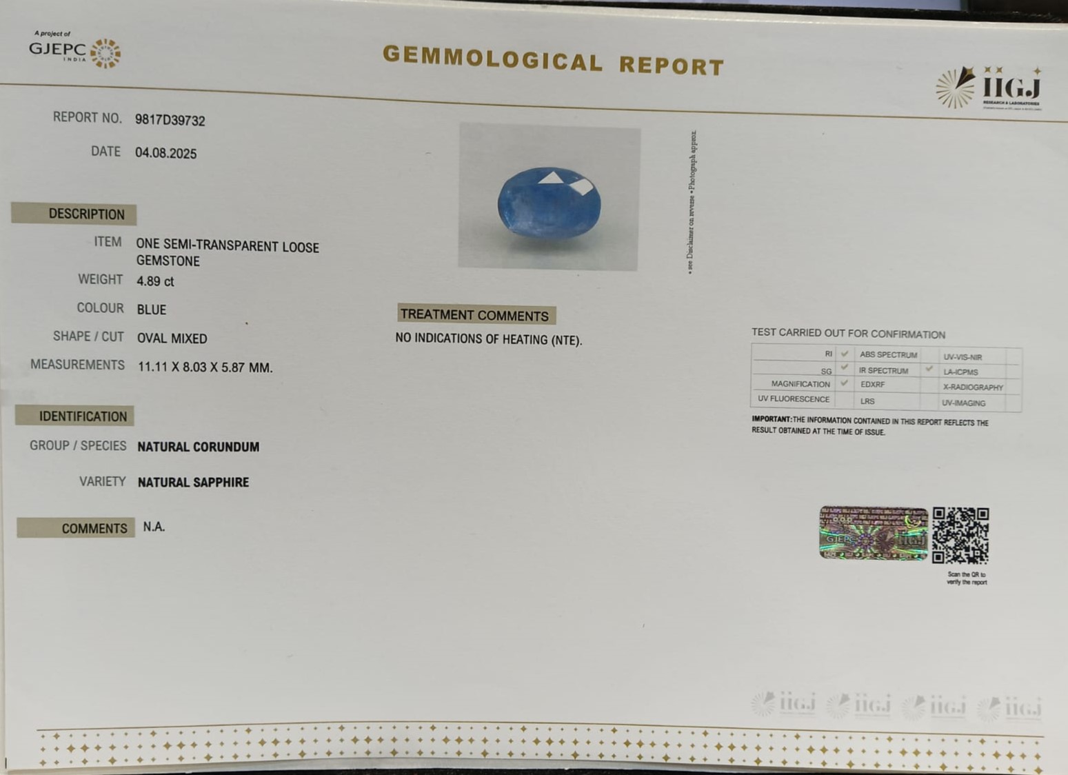 BLUE SAPPHIRE 4.89 Ct. 3 BSP14877 2 BLUE SAPPHIRE 4.89 Ct.