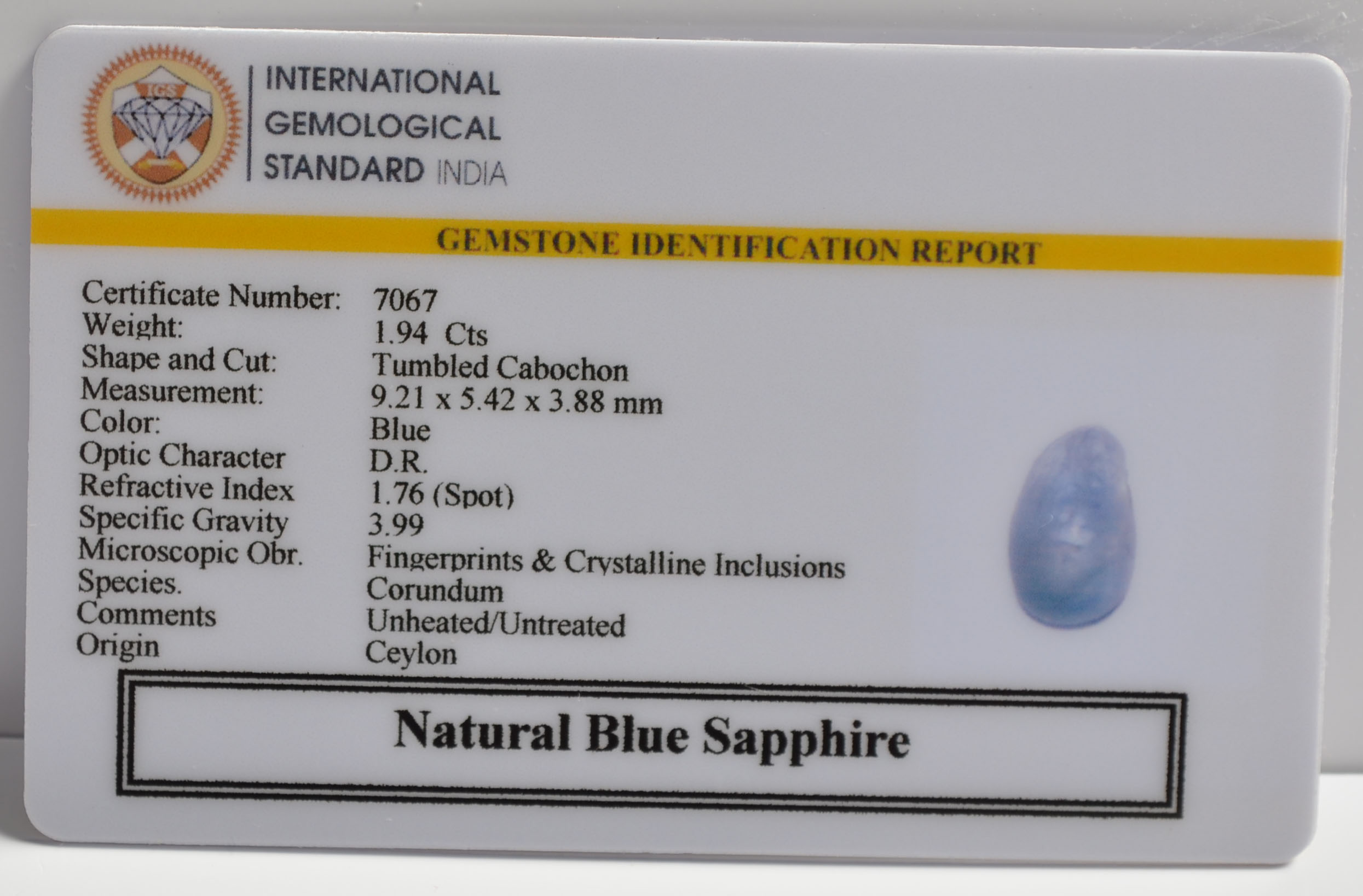 BLUE SAPPHIRE 1.94 Ct. 3 BSP15139 2 BLUE SAPPHIRE 1.94 Ct.