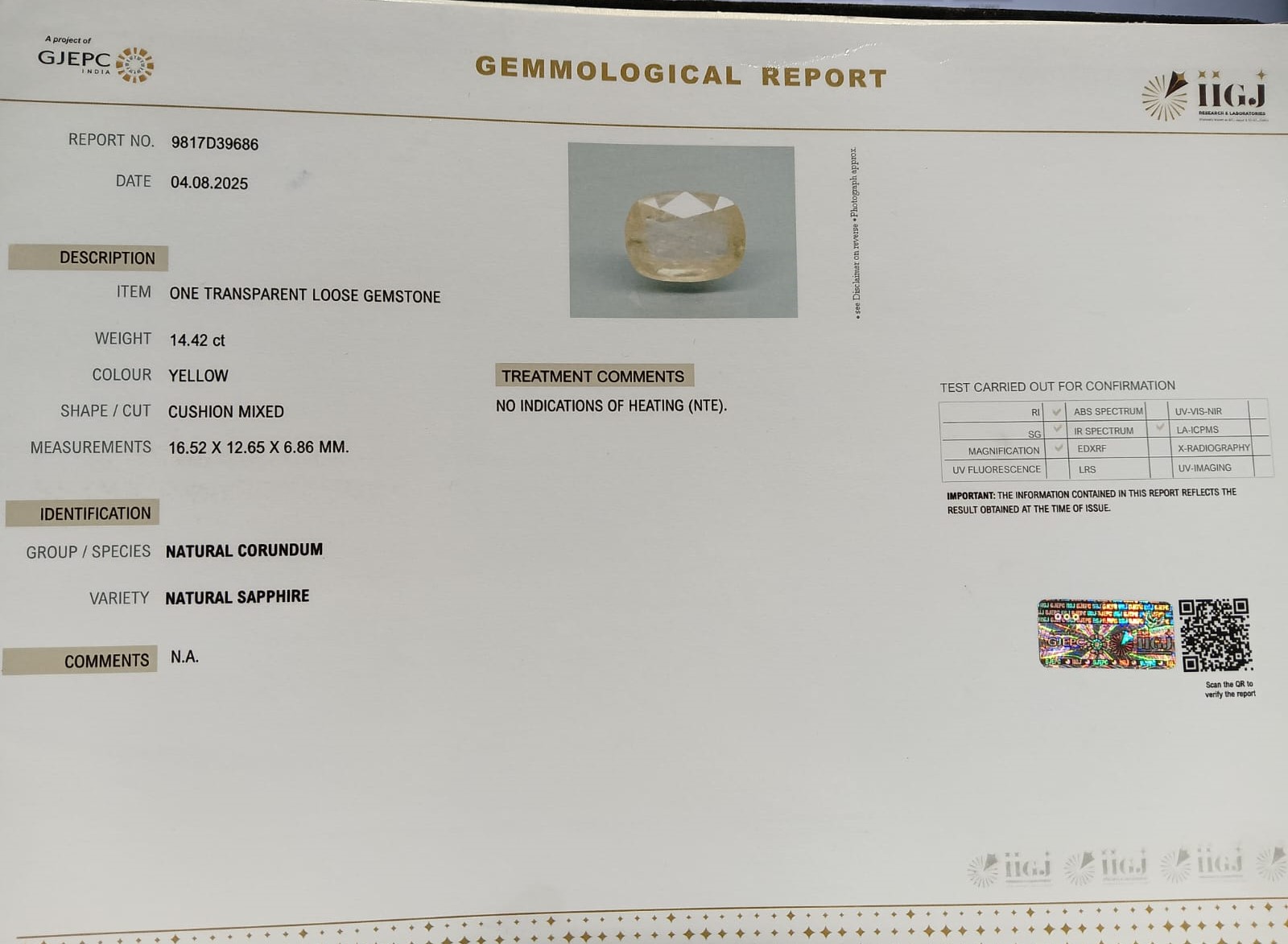 YELLOW SAPPHIRE 14.42 Ct.