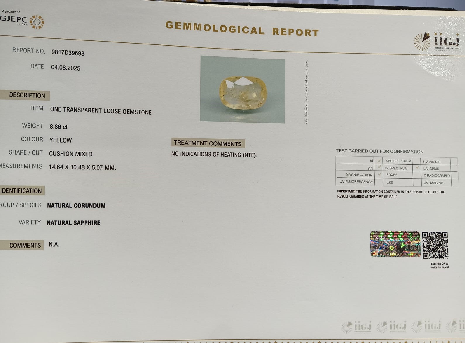 YELLOW SAPPHIRE 8.86 Ct. YELLOW SAPPHIRE 8.86 Ct.