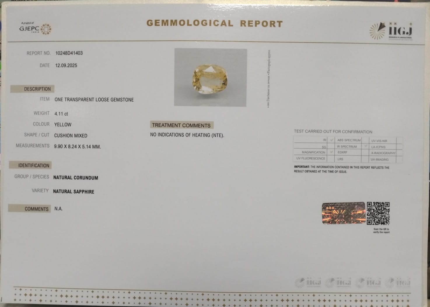 YELLOW SAPPHIRE 4.11 Ct. 3 NYSP8391 2 YELLOW SAPPHIRE 4.11 Ct.