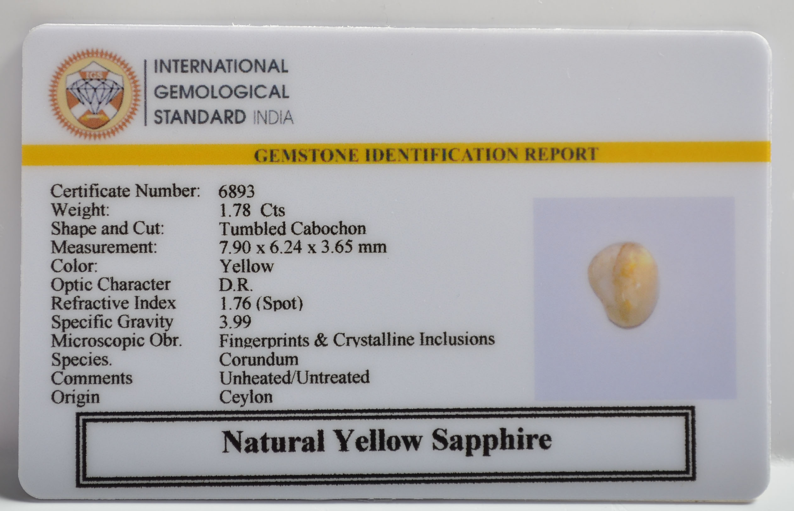 YELLOW SAPPHIRE 1.78 Ct. 3 NYSP8567 2 YELLOW SAPPHIRE 1.78 Ct.