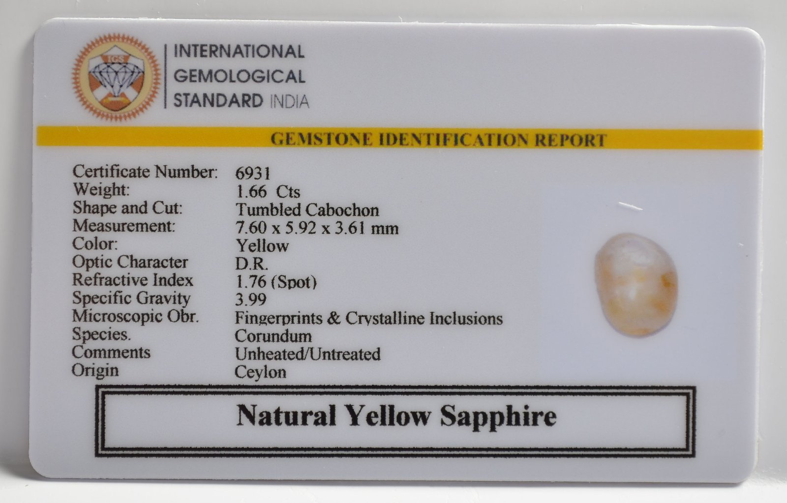 YELLOW SAPPHIRE 1.66 Ct. 3 NYSP8605 2 1 YELLOW SAPPHIRE 1.66 Ct.