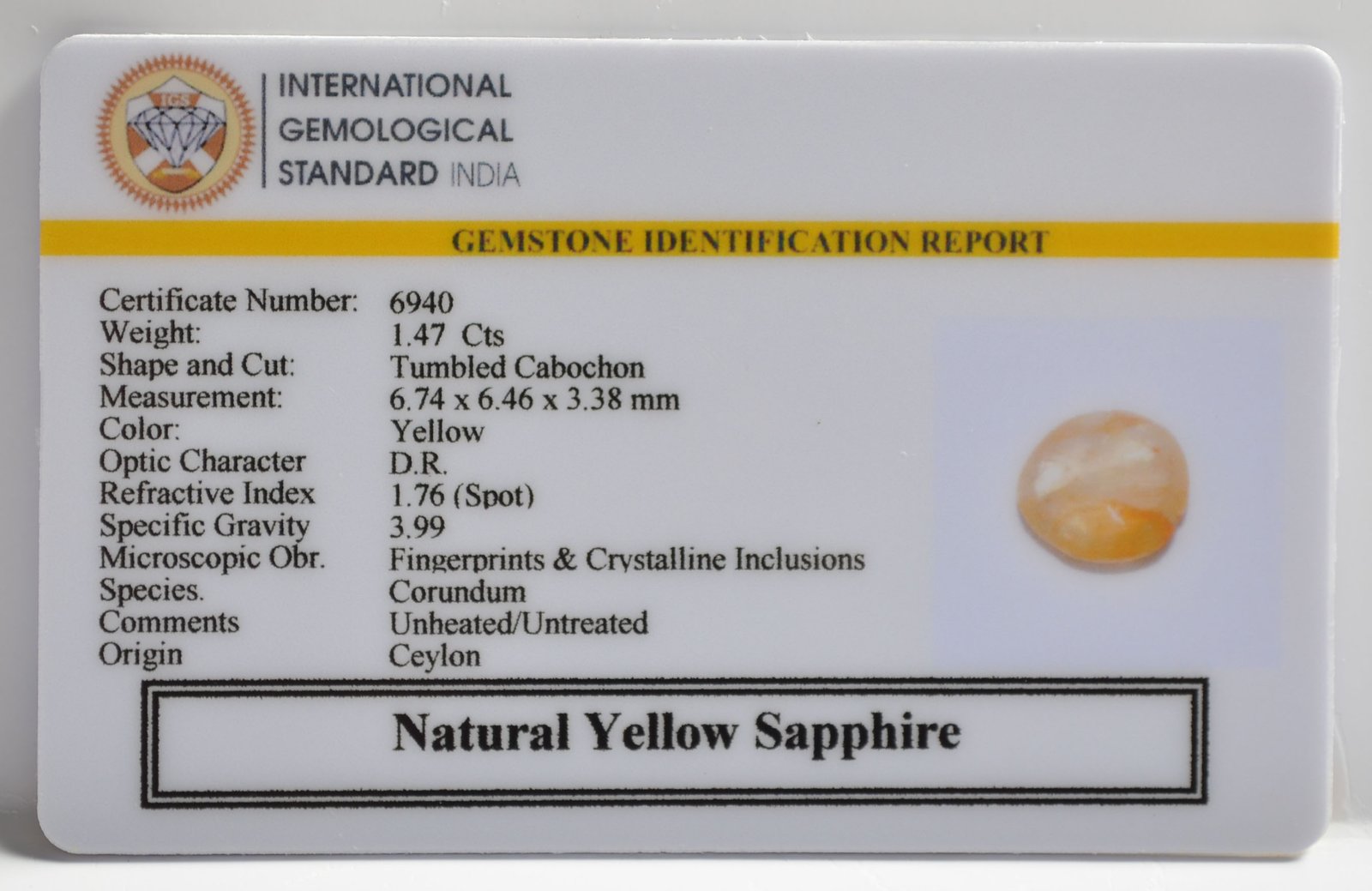 YELLOW SAPPHIRE 1.47 Ct. 3 NYSP8614 2 1 YELLOW SAPPHIRE 1.47 Ct.