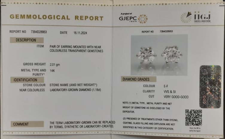 CVD EARRING 1.18 Ct. 3 CVJT03 2 CVD EARRING 1.18 Ct.