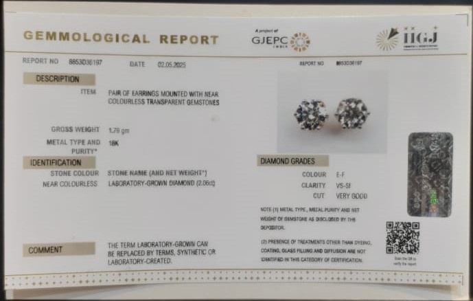 CVD EARRING 2.06 Ct. 3 CVJT13 2 CVD EARRING 2.06 Ct.