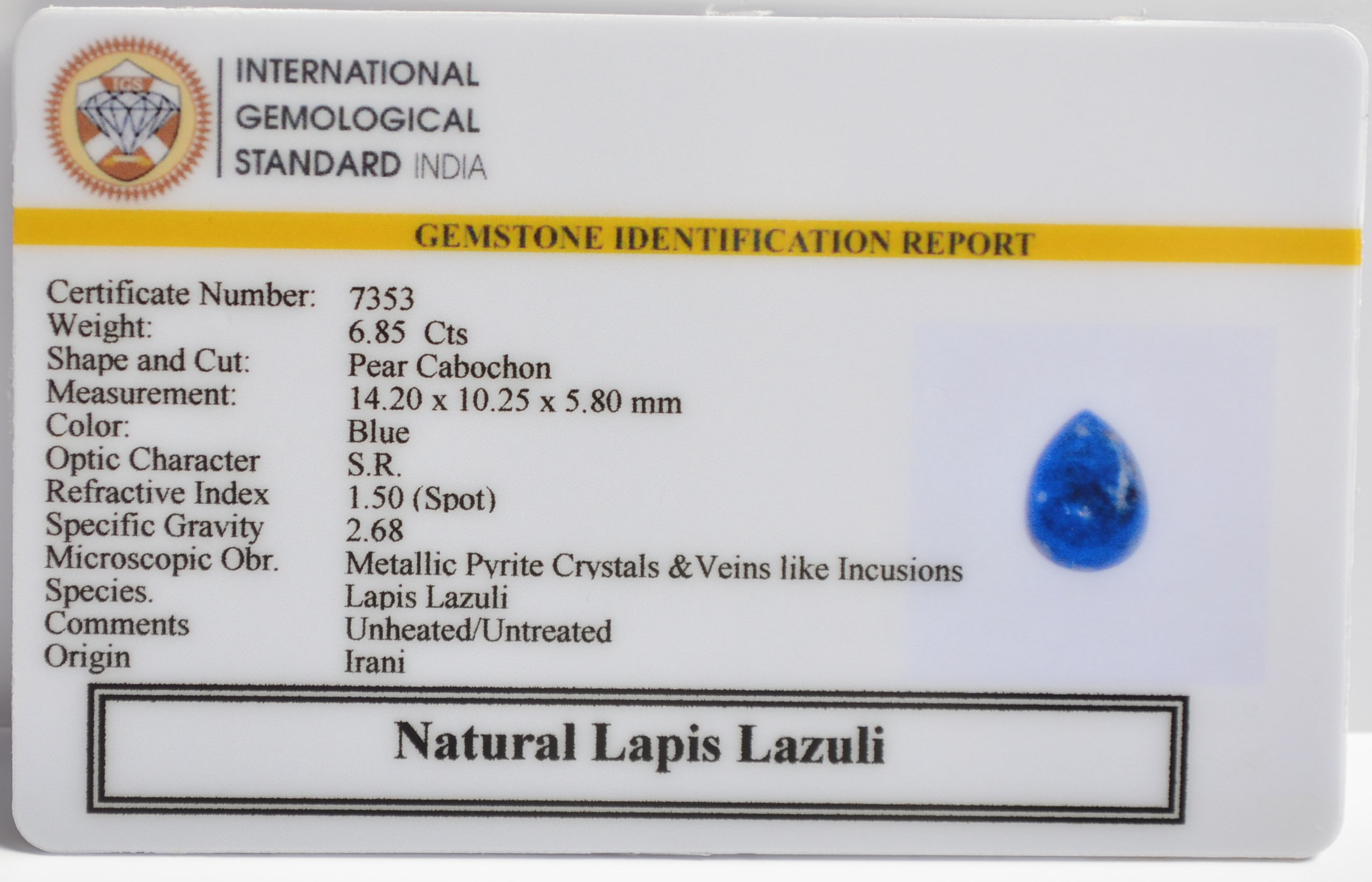 LAPIS LAZULI 6.85 Ct. 3 LLAZ1549 2 LAPIS LAZULI 6.85 Ct.