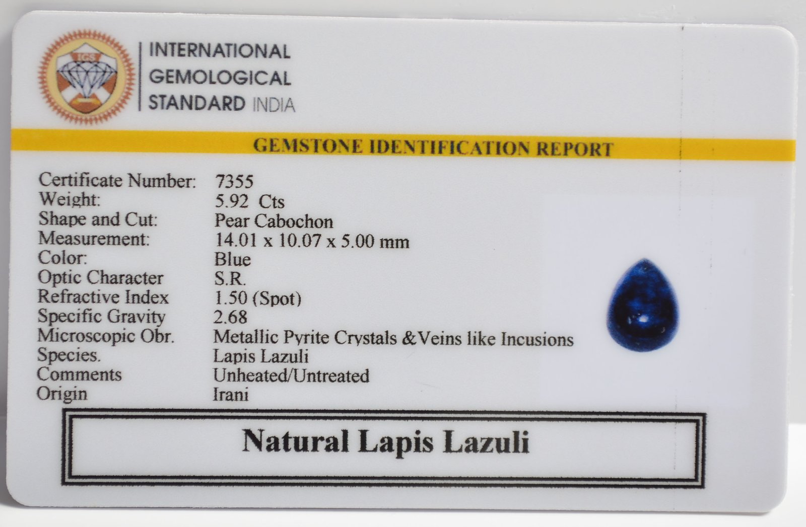 LAPIS LAZULI 5.92 Ct. 3 LLAZ1551 2 1 LAPIS LAZULI 5.92 Ct.