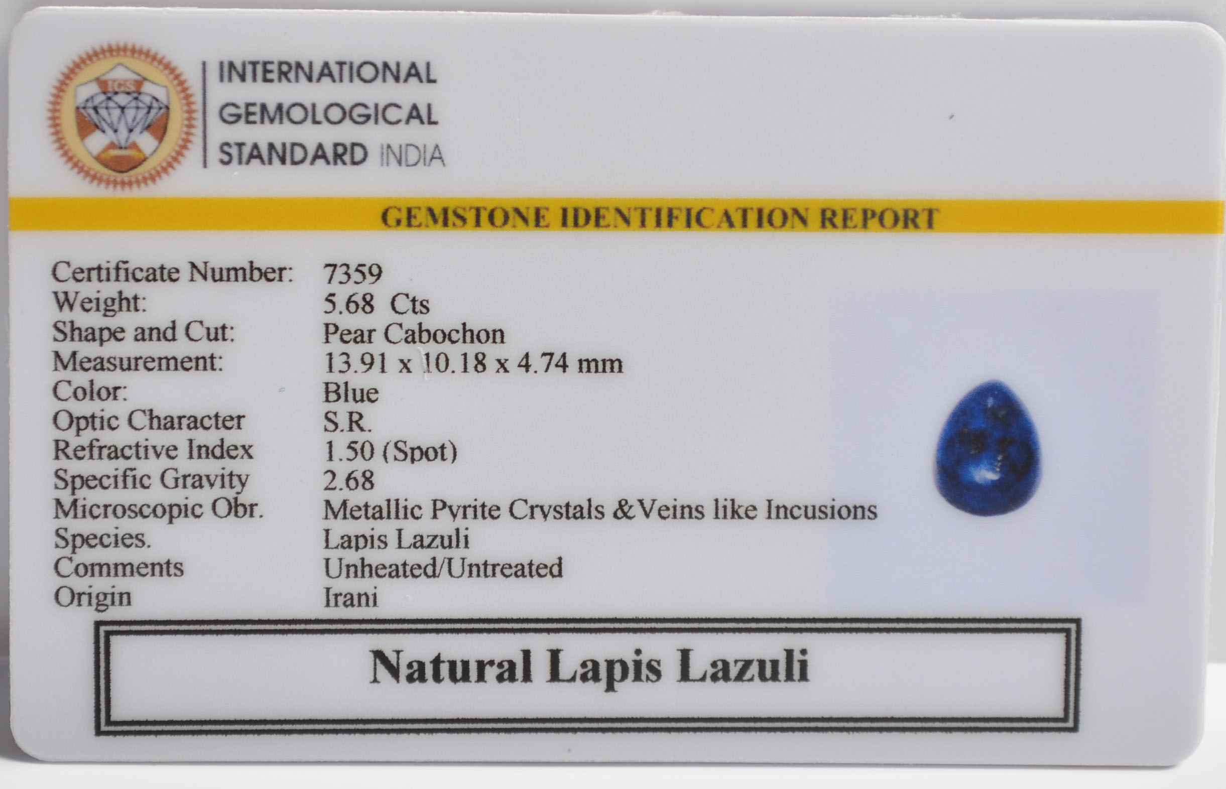 LAPIS LAZULI 5.68 Ct. 3 LLAZ1555 2 LAPIS LAZULI 5.68 Ct.