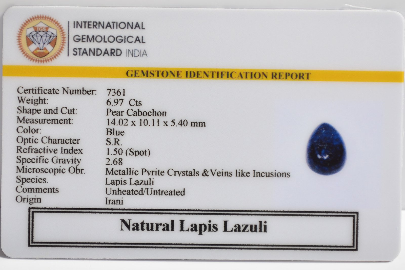 LAPIS LAZULI 6.97 Ct. 3 LLAZ1557 2 1 LAPIS LAZULI 6.97 Ct.