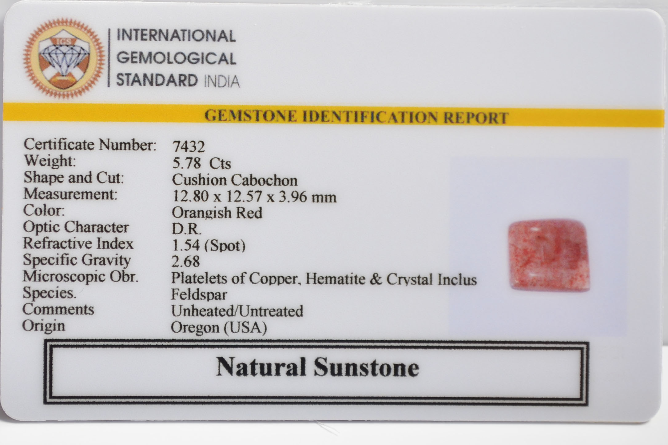 SUNSTONE 5.78 Ct. 3 SUN310 2 SUNSTONE 5.78 Ct.