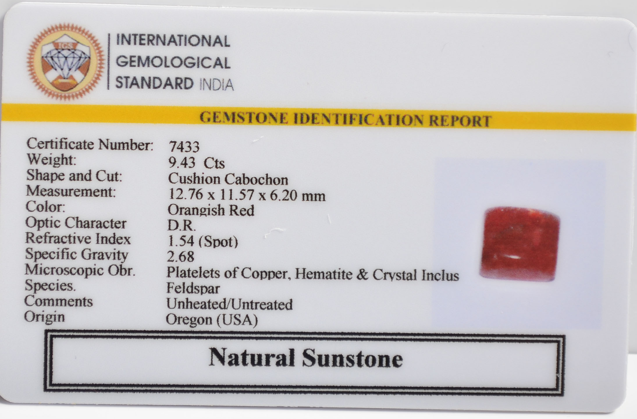 SUNSTONE 9.43 Ct. 3 SUN311 2 SUNSTONE 9.43 Ct.