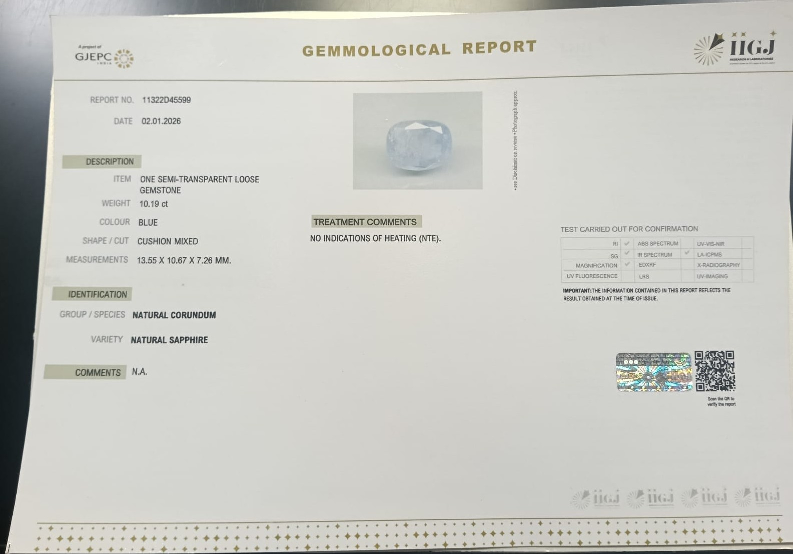 BLUE SAPPHIRE 10.19 Ct. 3 BSPG14884 2 BLUE SAPPHIRE 10.19 Ct.