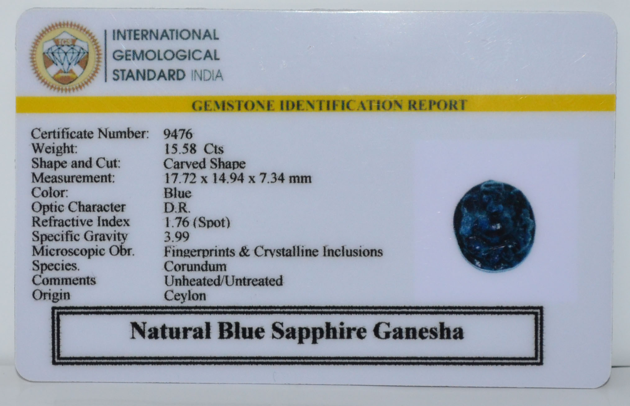 GBSP1 2 Ganesh Blue Sapphire 15.58 Ct.