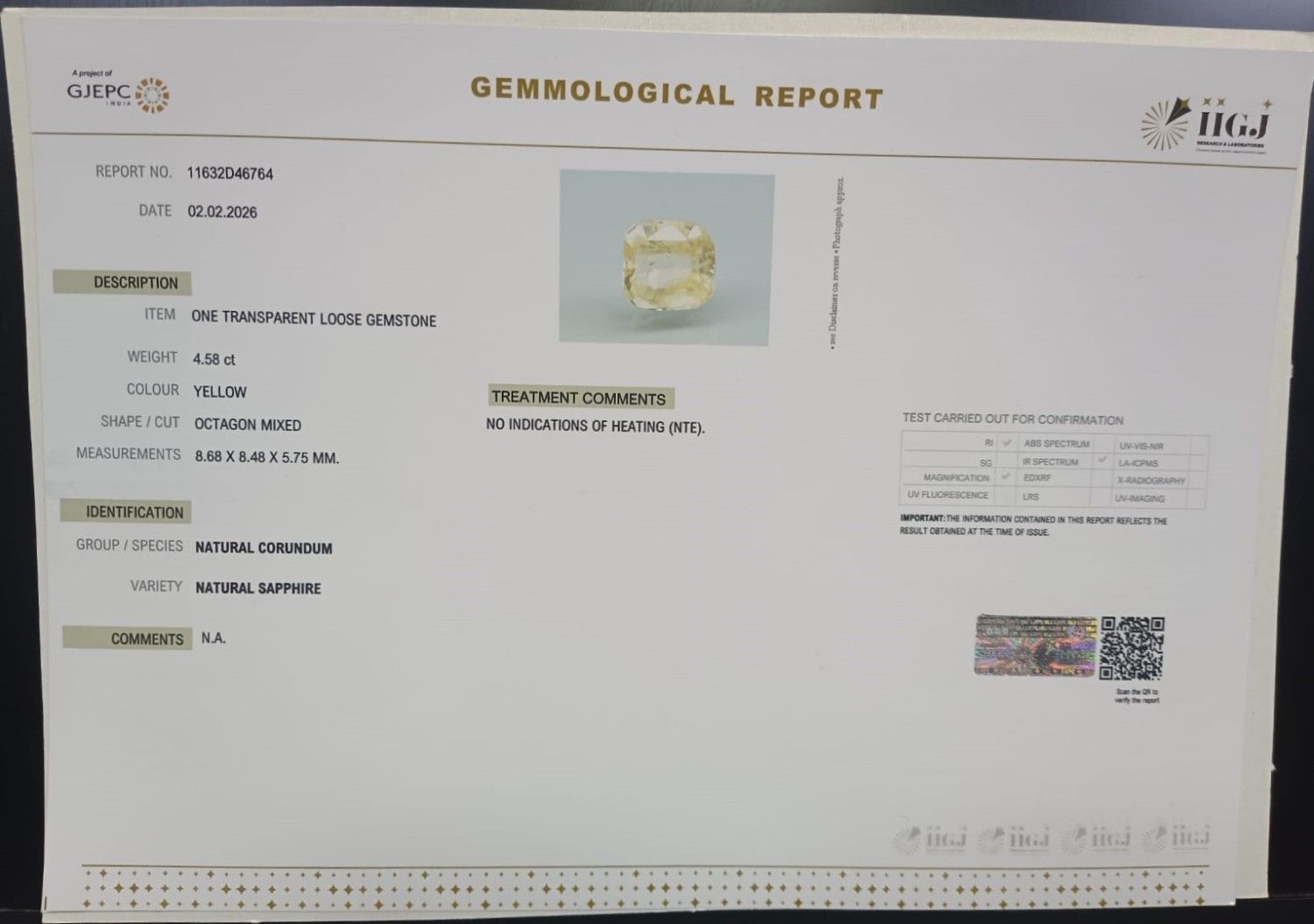 YELLOW SAPPHIRE 4.58 Ct. 3 NYSP8944 2 YELLOW SAPPHIRE 4.58 Ct.