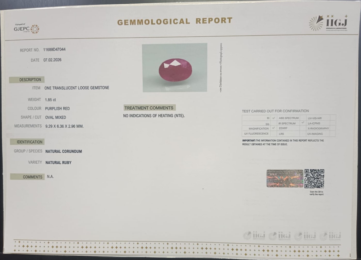 RUBY 1.85 Ct. 3 RUB8530 2 RUBY 1.85 Ct.