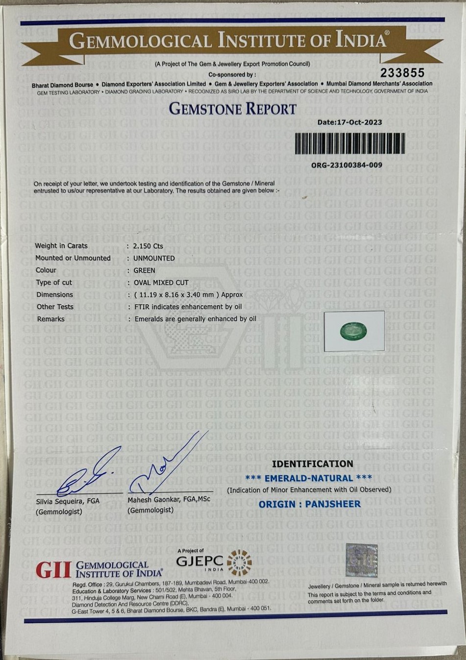 EMRD17600 2 EMERALD 2.15 Ct.