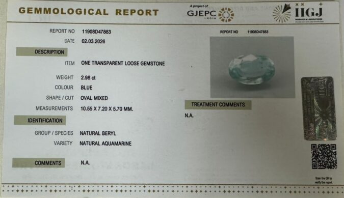 NATURAL AQUAMARINE 2.98 Ct. NATURAL AQUAMARINE 2.98 Ct.