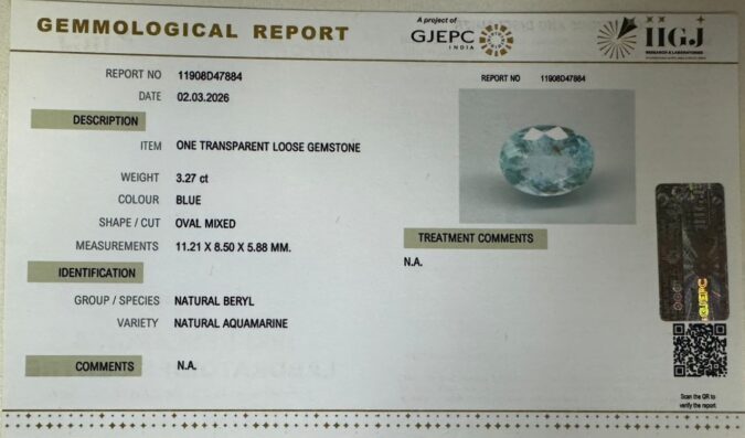 NATURAL AQUAMARINE 3.27 Ct. NATURAL AQUAMARINE 3.27 Ct.