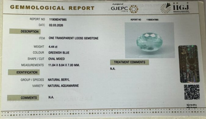 NATURAL AQUAMARINE 4.44 Ct. NATURAL AQUAMARINE 4.44 Ct.