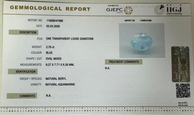 NATURAL AQUAMARINE 2.76 Ct. NATURAL AQUAMARINE 2.76 Ct.