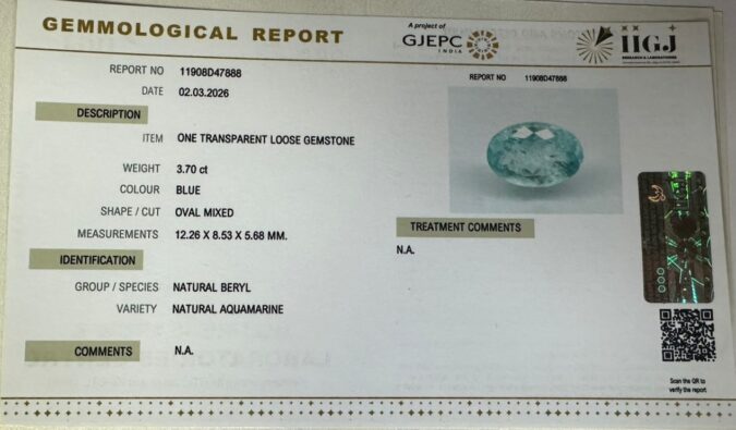 NATURAL AQUAMARINE 3.7 Ct. NATURAL AQUAMARINE 3.7 Ct.