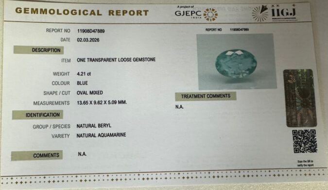 NATURAL AQUAMARINE 4.21 Ct.