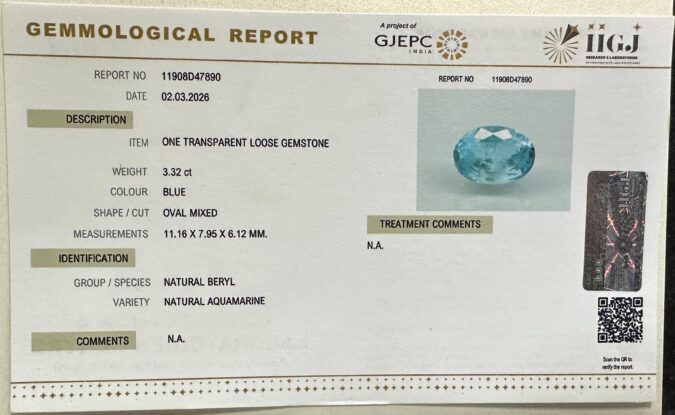 NATURAL AQUAMARINE 3.32 Ct. NATURAL AQUAMARINE 3.32 Ct.
