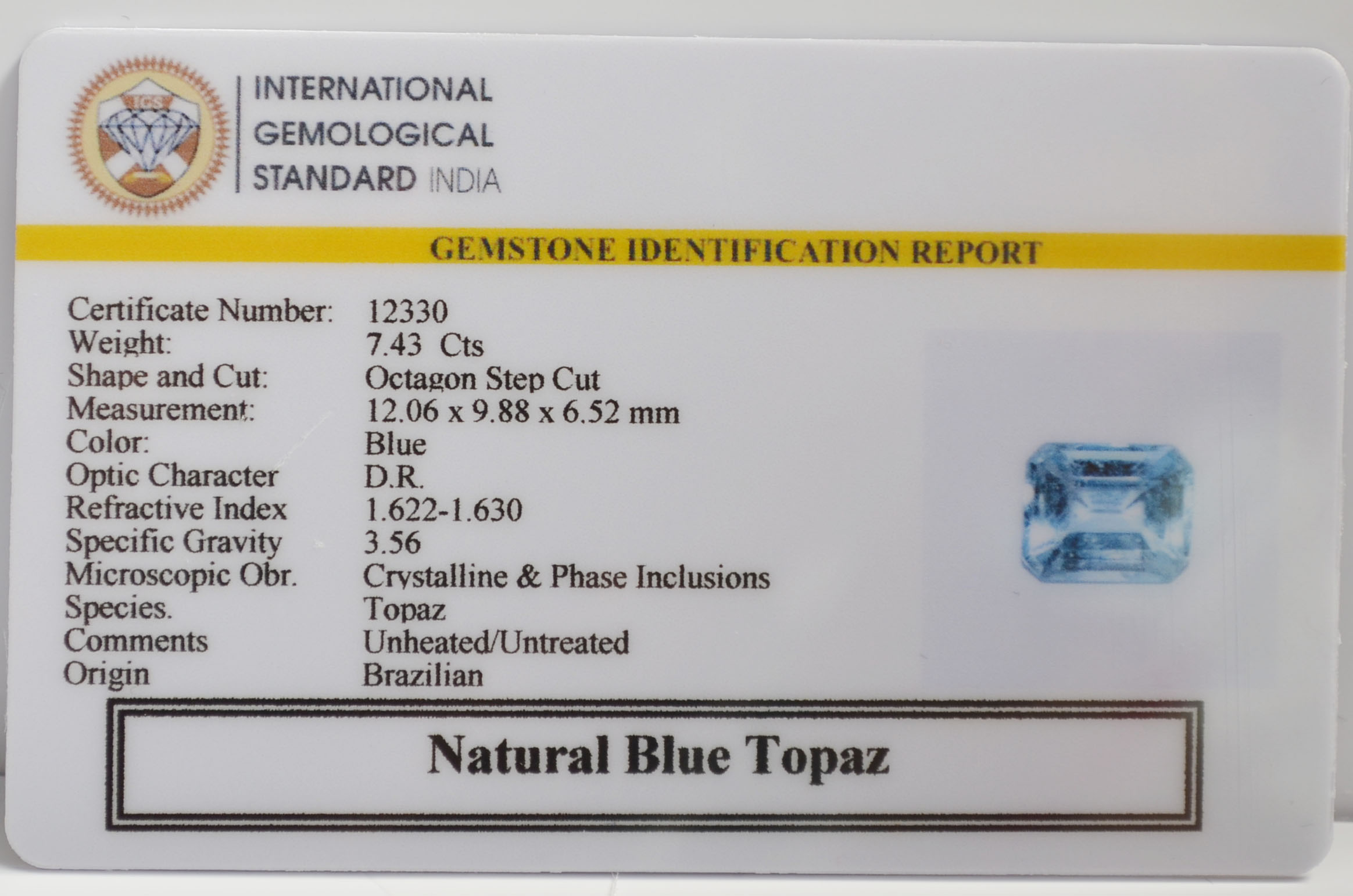 BLUE TOPAZ 7.43 Ct. BLUE TOPAZ 7.43 Ct.
