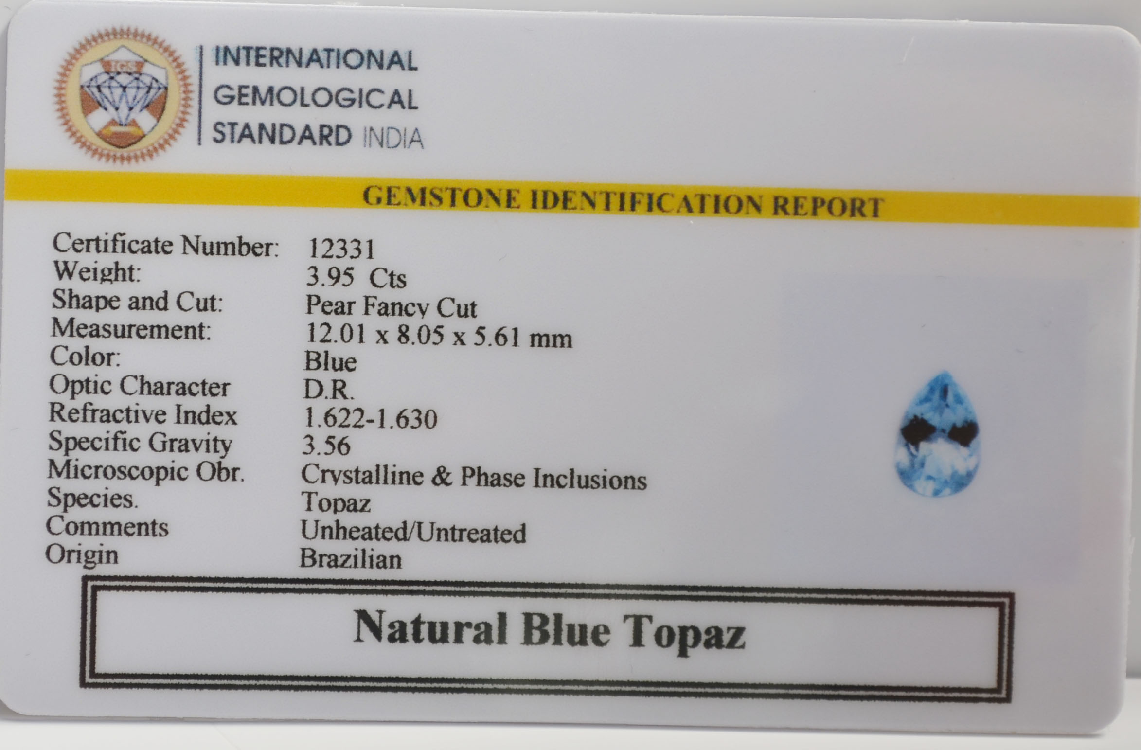 BLUE TOPAZ 3.95 Ct. BLUE TOPAZ 3.95 Ct.