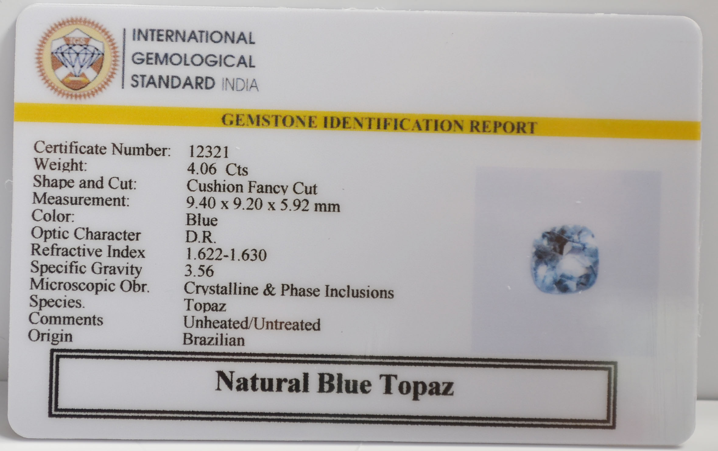 BLUE TOPAZ 4.06 Ct. BLUE TOPAZ 4.06 Ct.