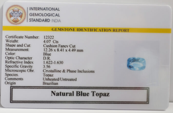 BLUE TOPAZ 4.07 Ct. BLUE TOPAZ 4.07 Ct.