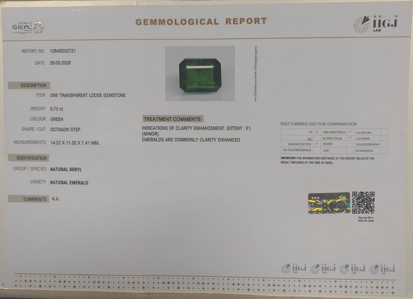 EMERALD 9.75 Ct. 3 EMR23426K 2 EMERALD 9.75 Ct.