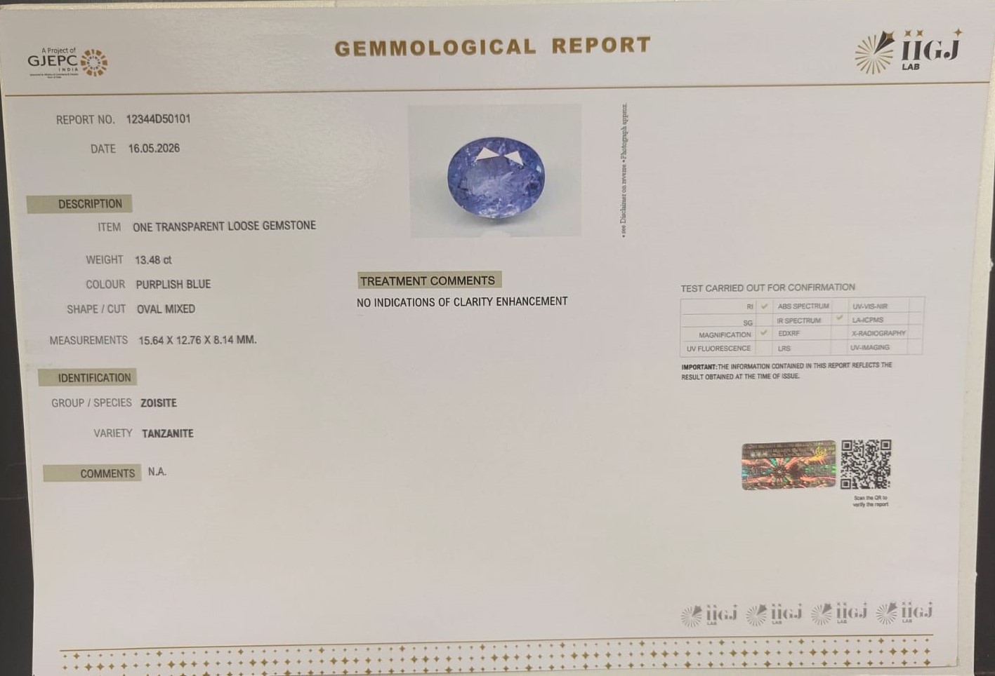 TANZANITE 13.48 Ct.