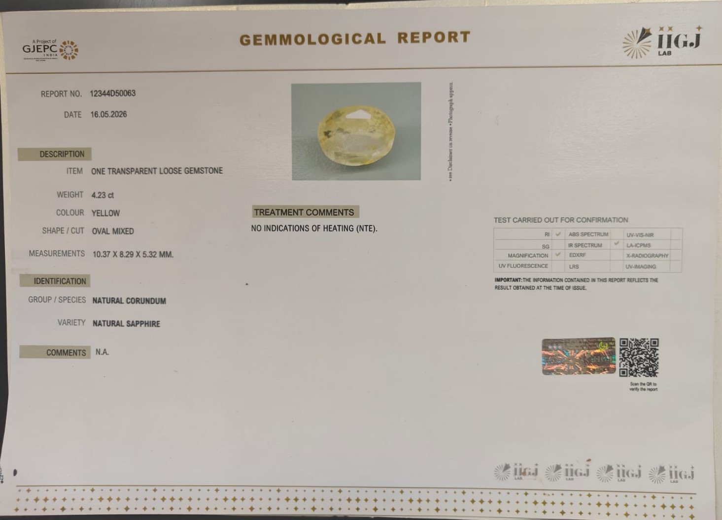YELLOW SAPPHIRE 4.23 Ct. YELLOW SAPPHIRE 4.23 Ct.