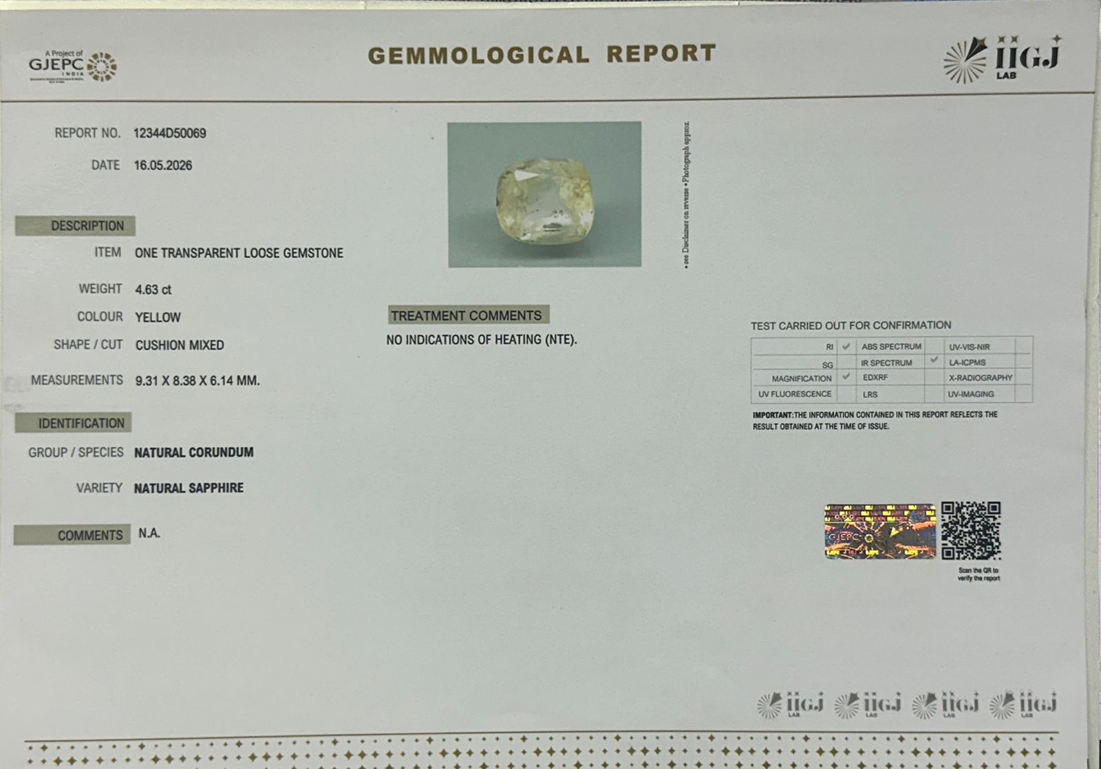 YELLOW SAPPHIRE 4.63 Ct. YELLOW SAPPHIRE 4.63 Ct.