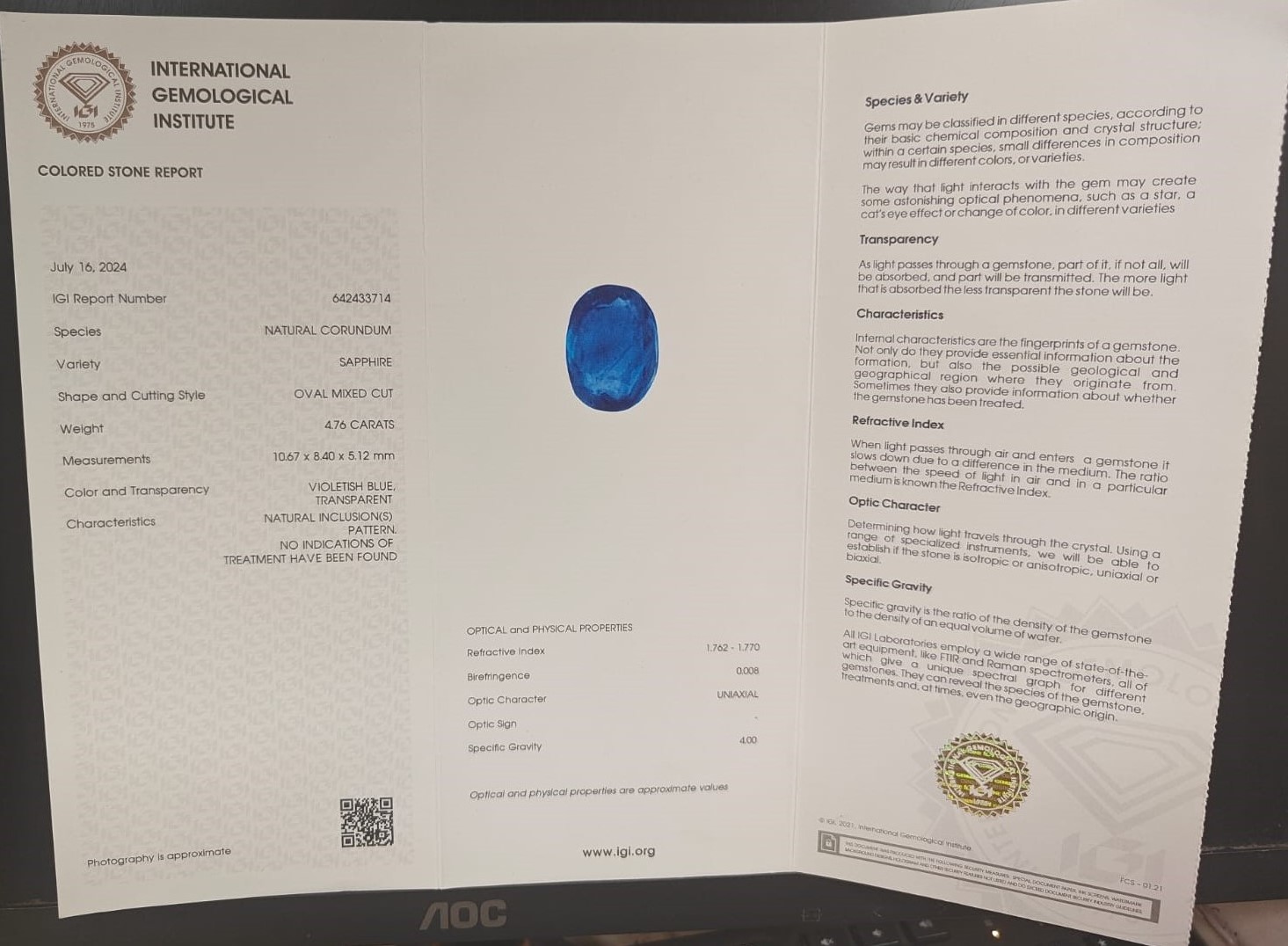 BLUE SAPPHIRE 4.76 Ct. 3 SAP41850G 2 BLUE SAPPHIRE 4.76 Ct.