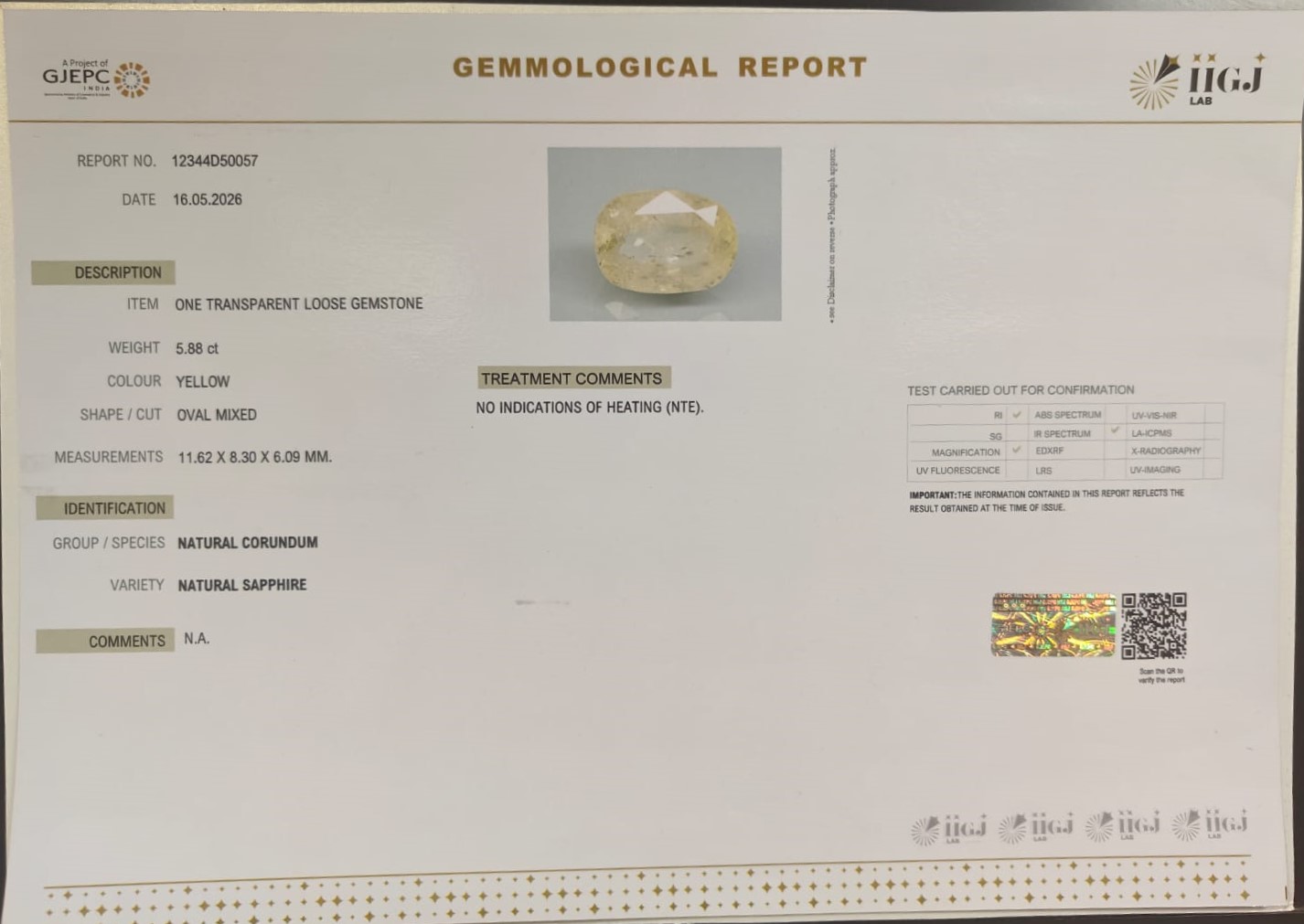 YELLOW SAPPHIRE 5.88 Ct.