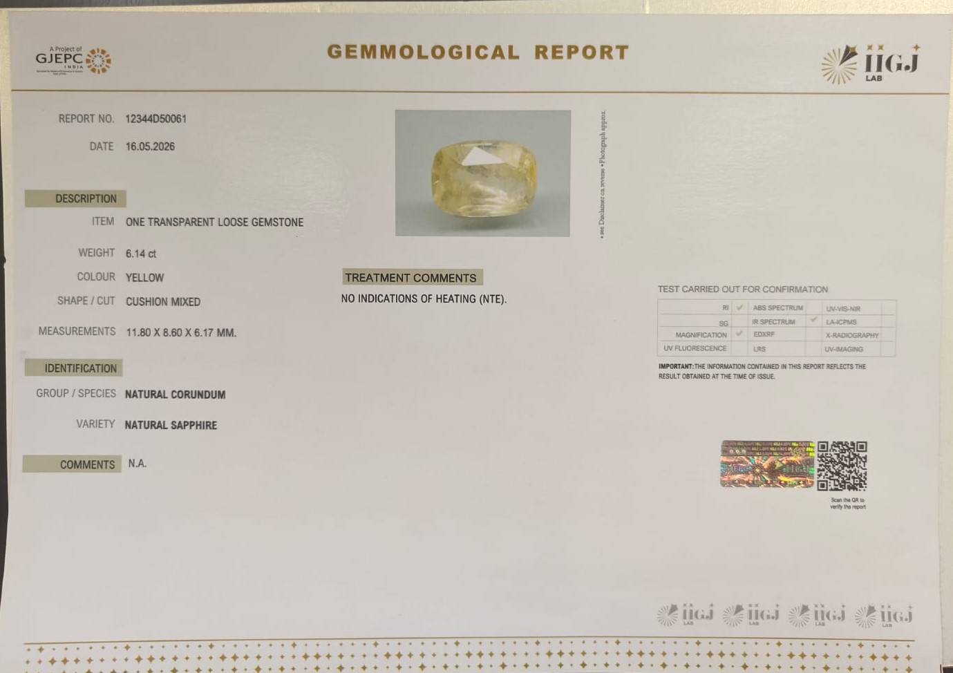 YELLOW SAPPHIRE 6.14 Ct. YELLOW SAPPHIRE 6.14 Ct.
