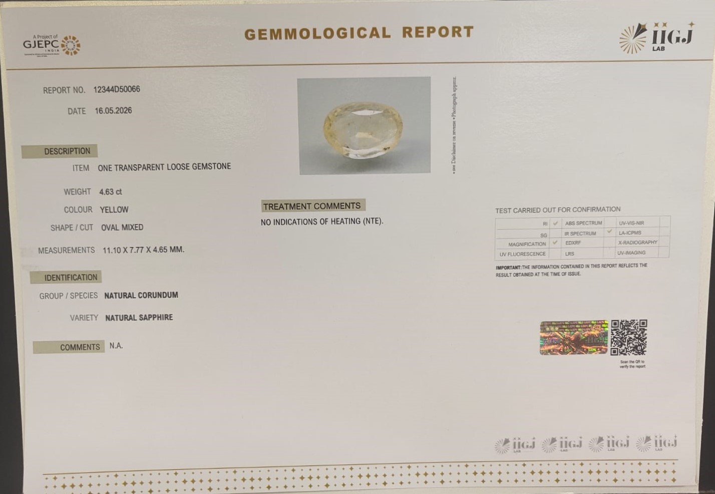 YELLOW SAPPHIRE 4.63 Ct.