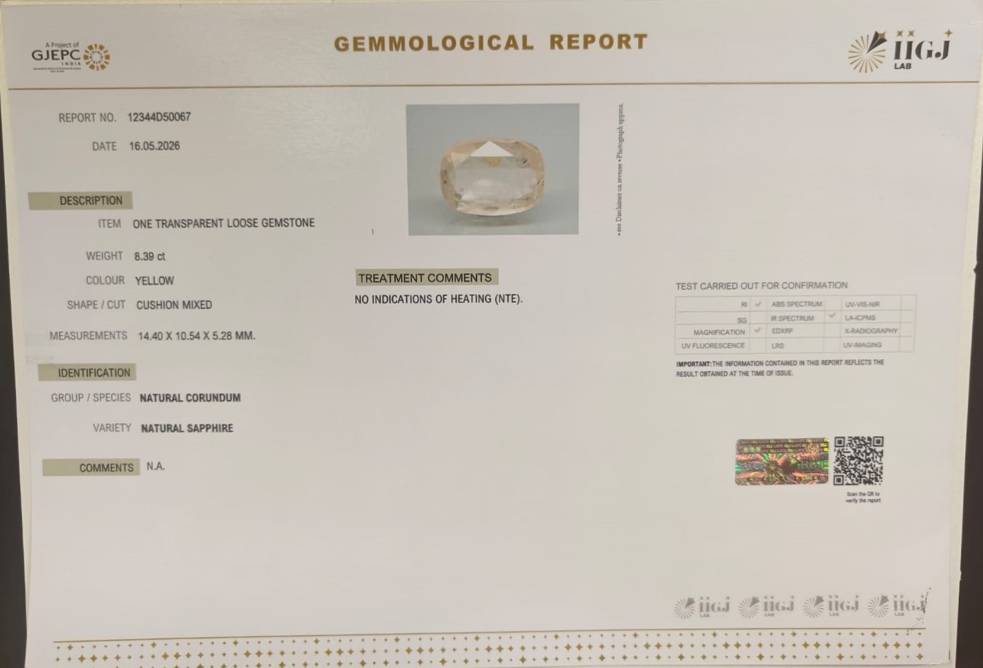 YELLOW SAPPHIRE 8.39 Ct.