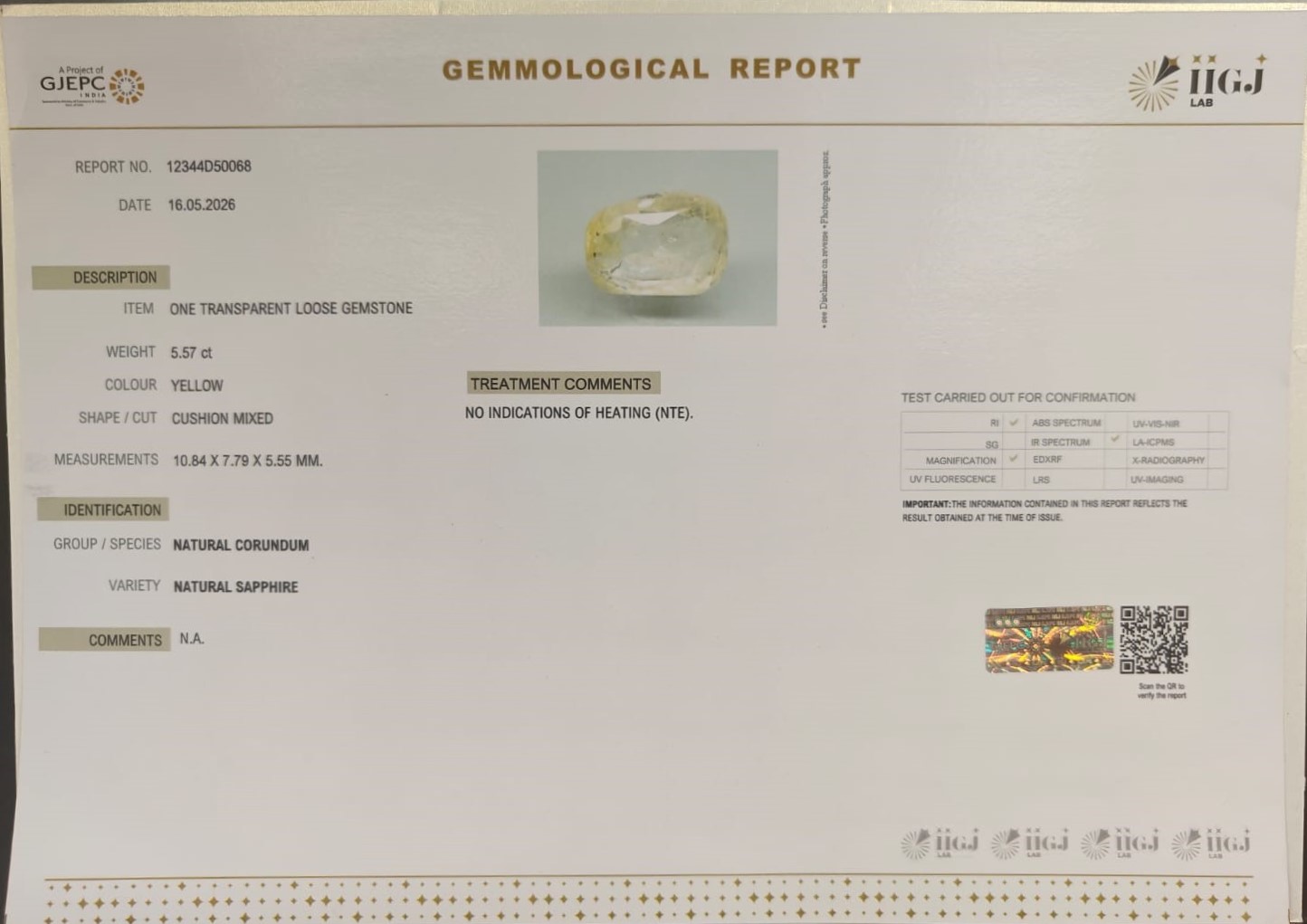 YELLOW SAPPHIRE 5.57 Ct.